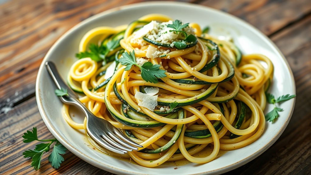Delicious Zucchini Noodles with Garlic and Herbs A colorful serving of zucchini noodles with garlic and fresh herbs, garnished with Parmesan cheese on a wooden table.